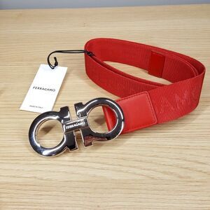 Salvatore Ferragamo Mens Belt Sz 34 Red Double Gancini Jacquard Logo Band $395